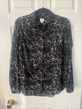 Black Floral Button-Up Blouse with White Outline Print